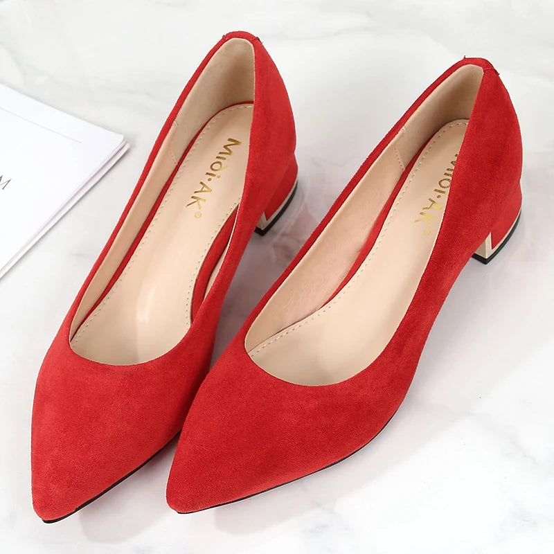 New Women's Elegant Casual Office Red Black Shoes Ladies Thick Heel Woman Slip-on Pointed Toe Fashion Dress Party Pumps F0001