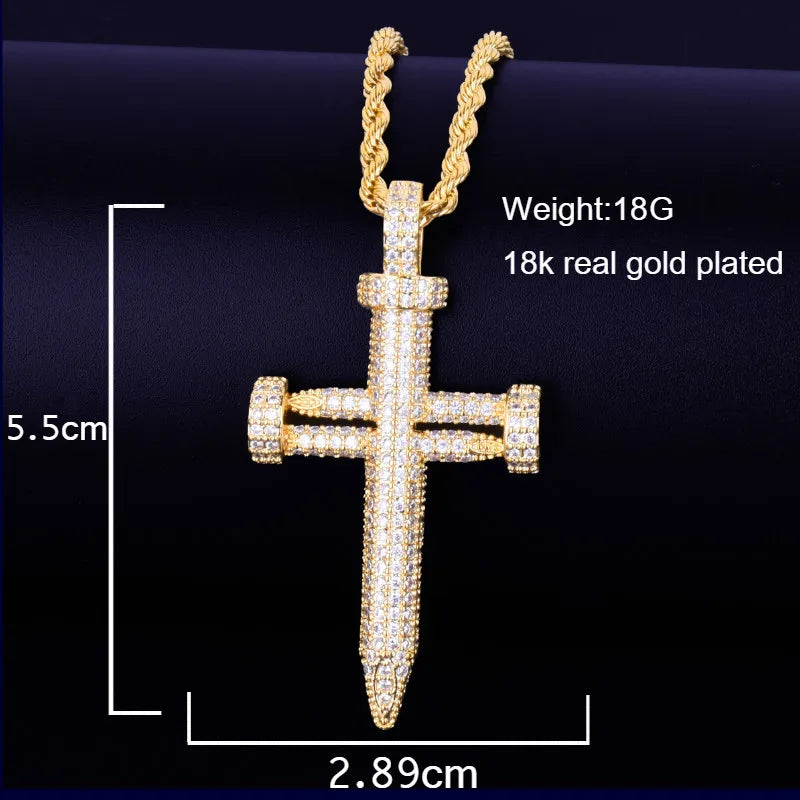 Nail Cross Pendant Necklace AAA Cubic Zircon Men's Hip Hop Street Rock Jewelry