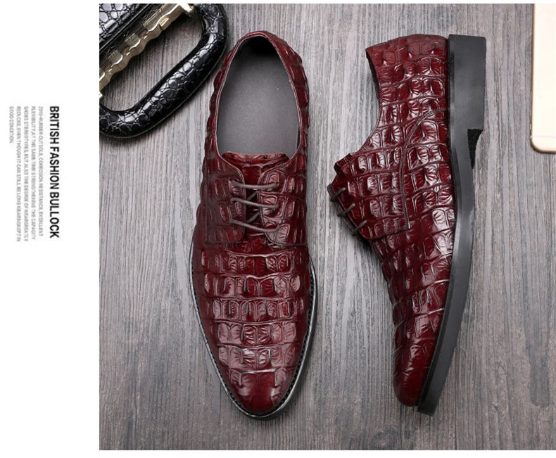 Phenkang Men Genuine Leather Crocodile Shoes Formal Dress Classic Style Burgundy Mens Wedding Lace Up Pointed Toe Oxford Shoes