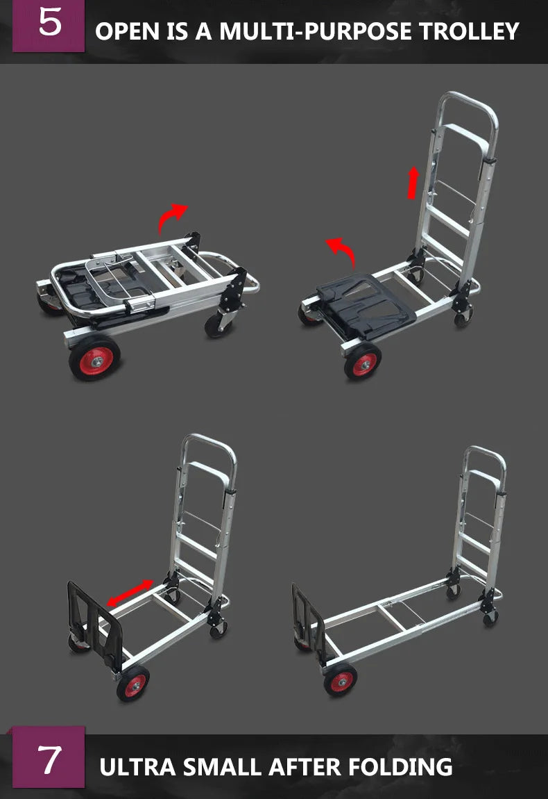 100KG Car Roll Luggage Cart Portable Luggage Trolley Folding Hand Truck Mute Flat Heavy Duty 4-wheel Foldable Shopping Cart