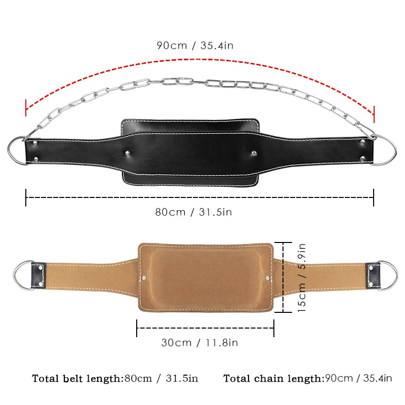 Cowhide Fitness Dip Belt With Chain Dipping Pull Up Leather Weight Lifting Belt Lumbar Back Support Training