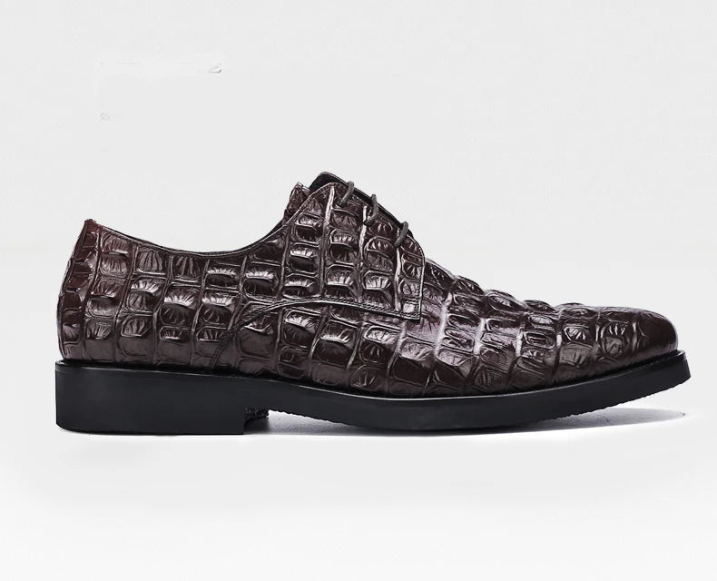 Phenkang Men Genuine Leather Crocodile Shoes Formal Dress Classic Style Burgundy Mens Wedding Lace Up Pointed Toe Oxford Shoes