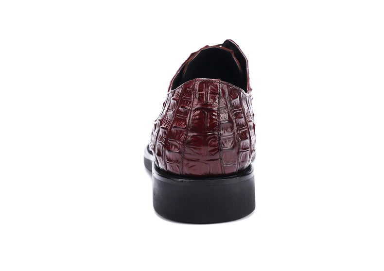 Phenkang Men Genuine Leather Crocodile Shoes Formal Dress Classic Style Burgundy Mens Wedding Lace Up Pointed Toe Oxford Shoes
