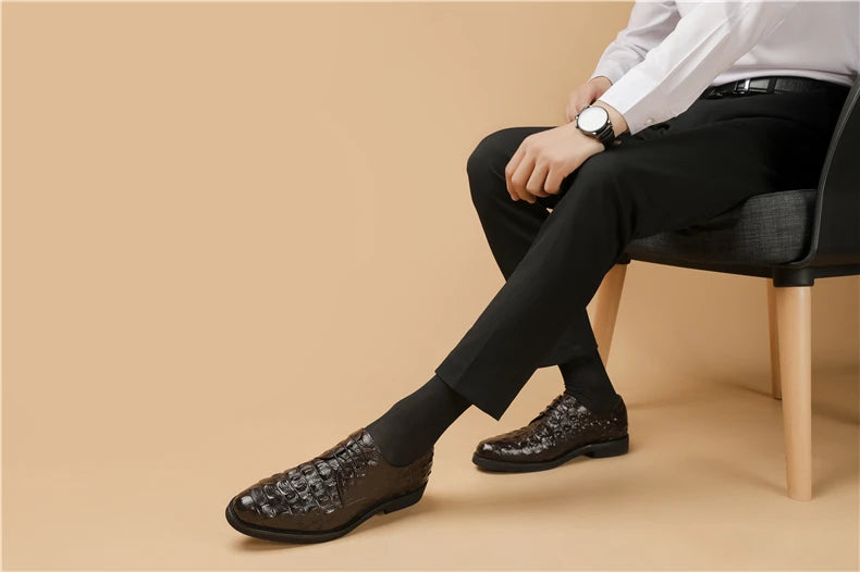Phenkang Men Genuine Leather Crocodile Shoes Formal Dress Classic Style Burgundy Mens Wedding Lace Up Pointed Toe Oxford Shoes