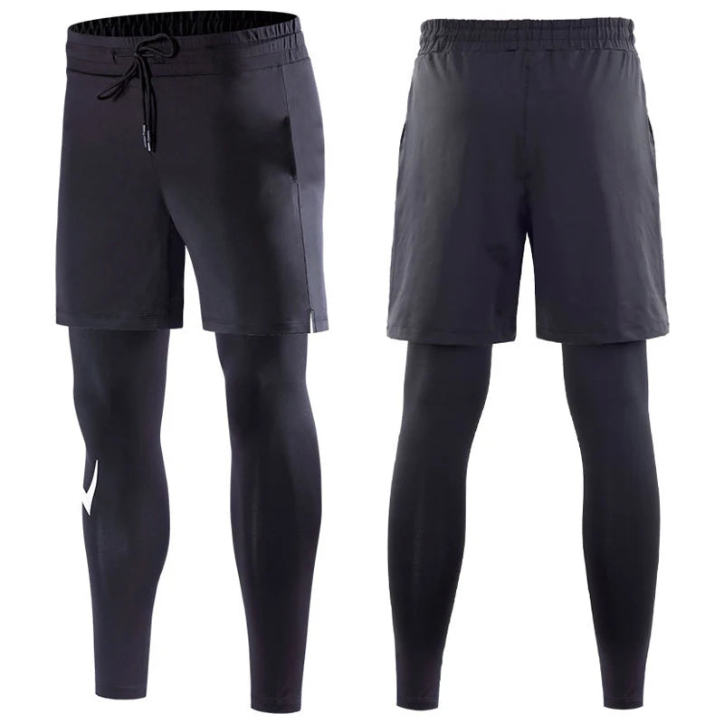High Elastic Men Shorts+Pants 2 in 1 Running Tights Quick Dry Gym Fitness Leggings Workout Sportswear Yoga Sweatpants Custom