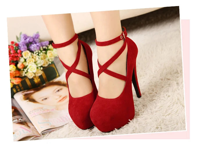 Shoes Woman Pumps Cross-tied Ankle Strap Wedding Party Shoes Platform Dress Women Shoes High Heels Suede Ladies Shoes Plus Size7