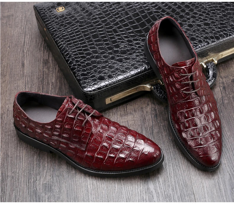 Phenkang Men Genuine Leather Crocodile Shoes Formal Dress Classic Style Burgundy Mens Wedding Lace Up Pointed Toe Oxford Shoes