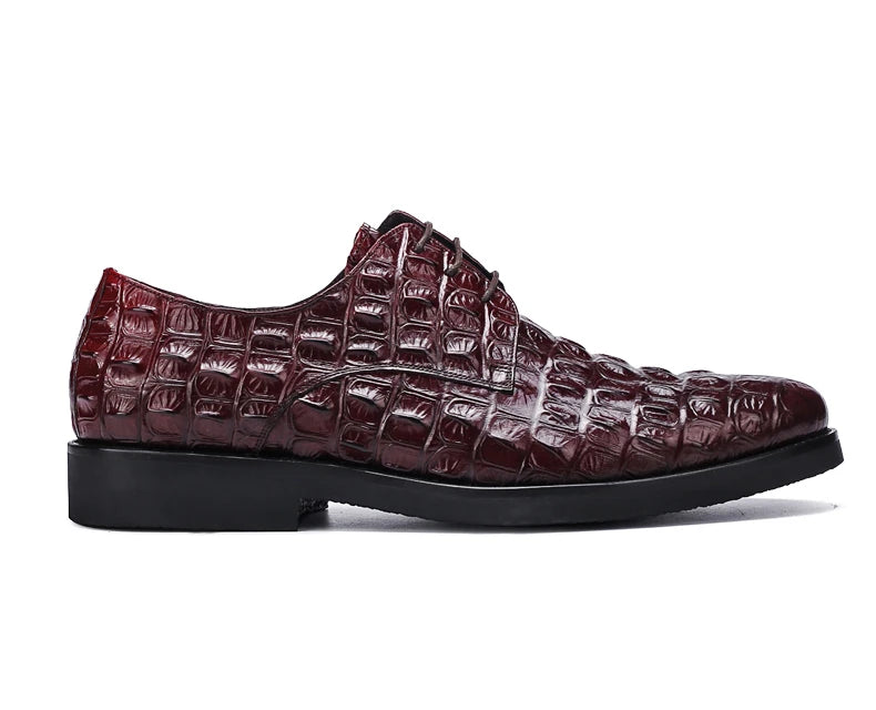 Phenkang Men Genuine Leather Crocodile Shoes Formal Dress Classic Style Burgundy Mens Wedding Lace Up Pointed Toe Oxford Shoes