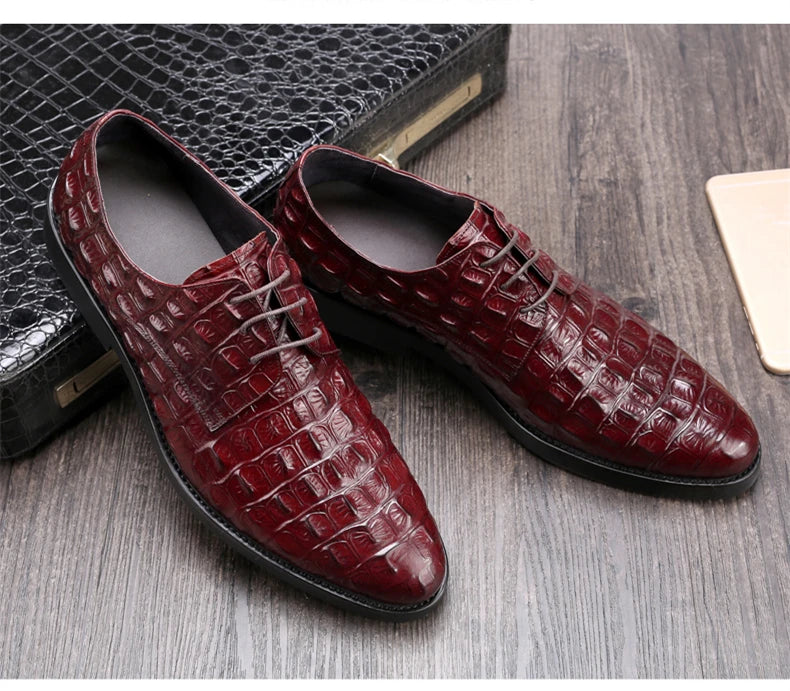 Phenkang Men Genuine Leather Crocodile Shoes Formal Dress Classic Style Burgundy Mens Wedding Lace Up Pointed Toe Oxford Shoes