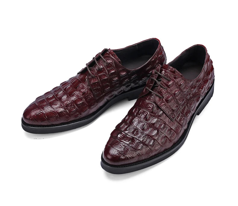 Phenkang Men Genuine Leather Crocodile Shoes Formal Dress Classic Style Burgundy Mens Wedding Lace Up Pointed Toe Oxford Shoes