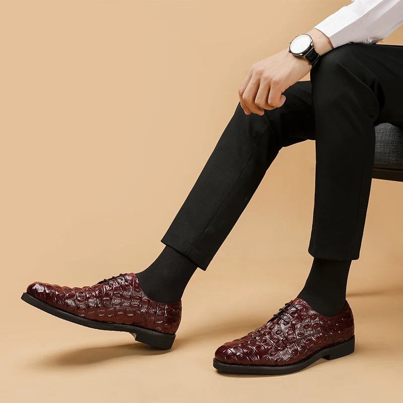 Phenkang Men Genuine Leather Crocodile Shoes Formal Dress Classic Style Burgundy Mens Wedding Lace Up Pointed Toe Oxford Shoes