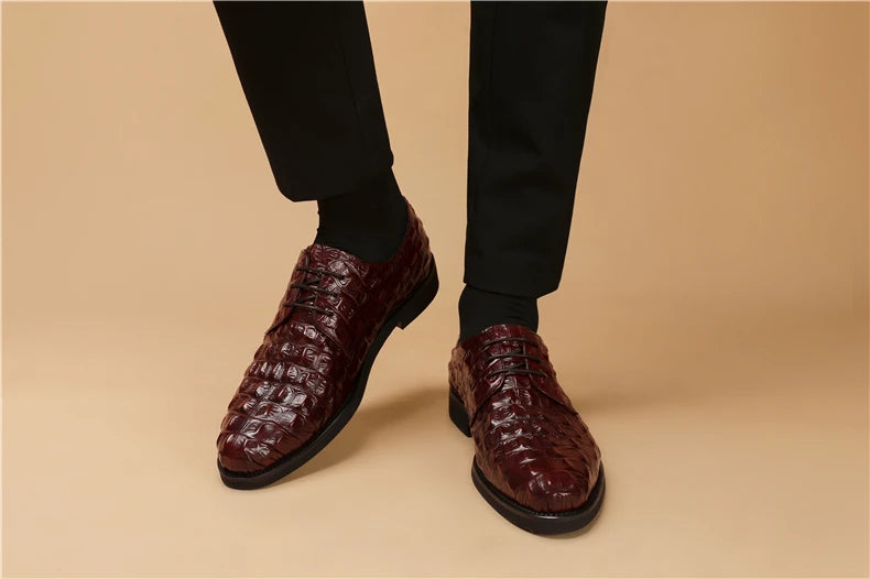 Phenkang Men Genuine Leather Crocodile Shoes Formal Dress Classic Style Burgundy Mens Wedding Lace Up Pointed Toe Oxford Shoes