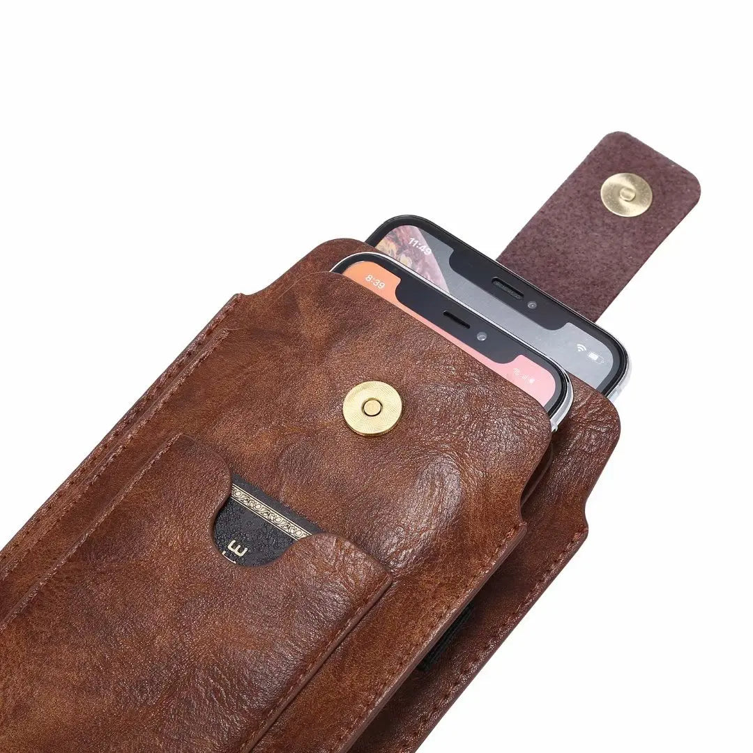 Cow Leather Dual Pouch Travel Men Waist Bag Holder For iPhone Samsung Xiaomi Redmi 7 Pro Huawei 2 Phone Belt Clip Case Holster