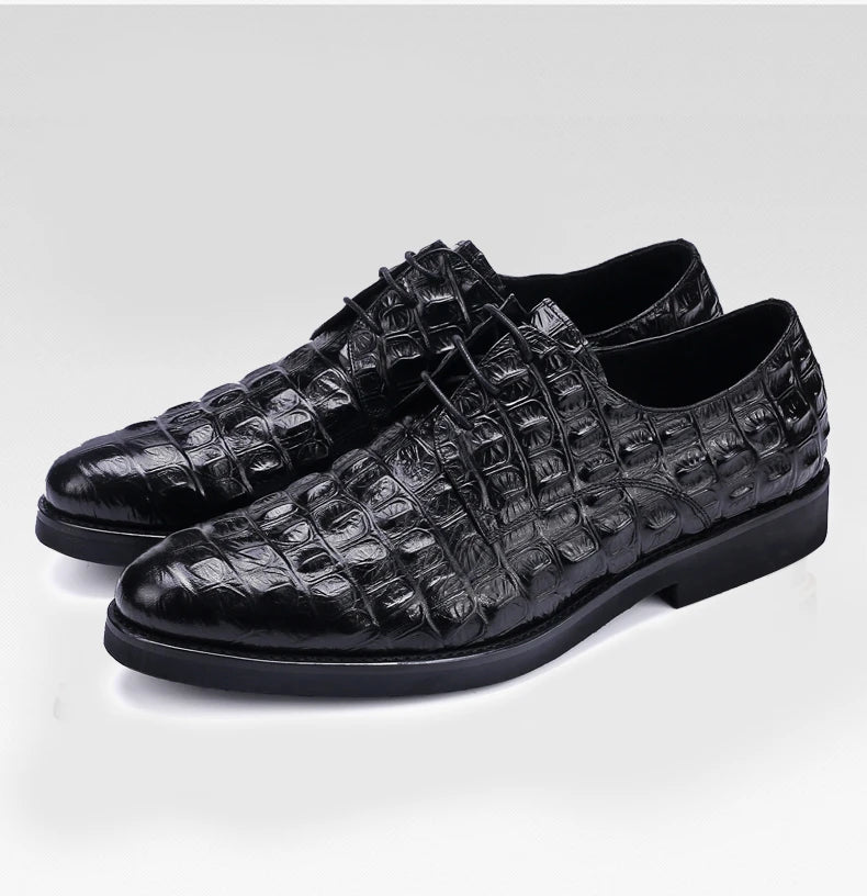 Phenkang Men Genuine Leather Crocodile Shoes Formal Dress Classic Style Burgundy Mens Wedding Lace Up Pointed Toe Oxford Shoes