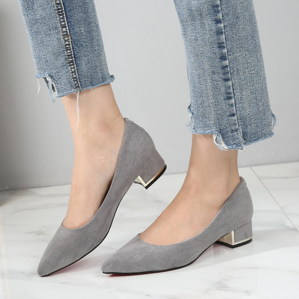 New Women's Elegant Casual Office Red Black Shoes Ladies Thick Heel Woman Slip-on Pointed Toe Fashion Dress Party Pumps F0001