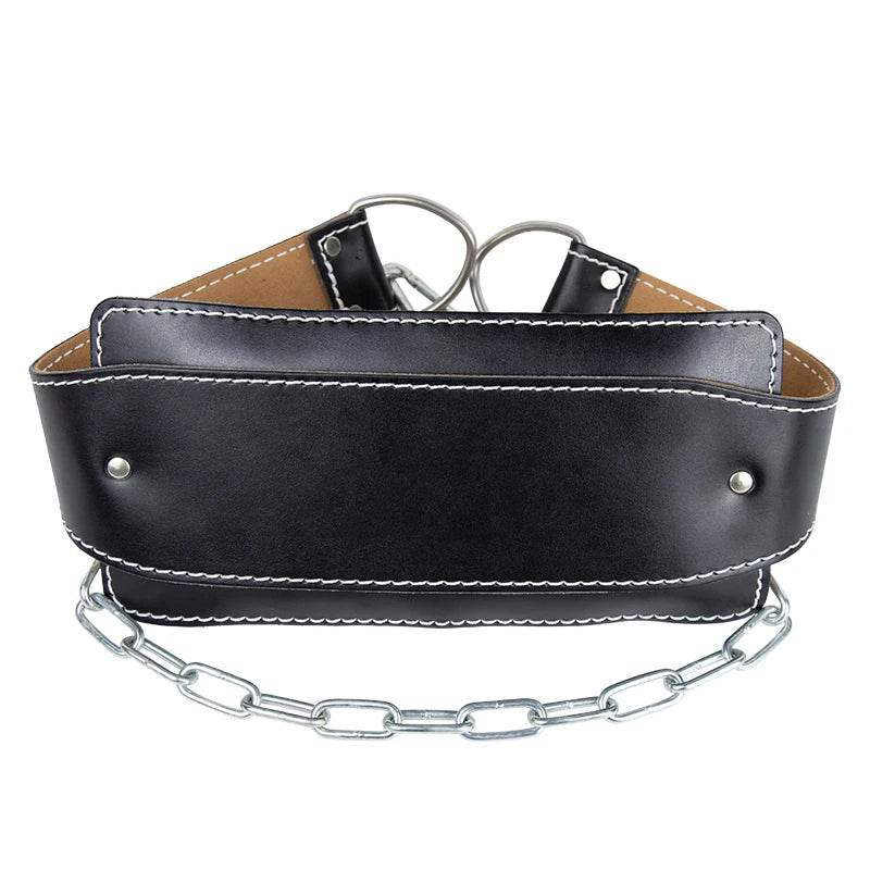 Cowhide Fitness Dip Belt With Chain Dipping Pull Up Leather Weight Lifting Belt Lumbar Back Support Training