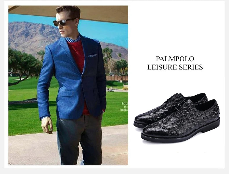 Phenkang Men Genuine Leather Crocodile Shoes Formal Dress Classic Style Burgundy Mens Wedding Lace Up Pointed Toe Oxford Shoes