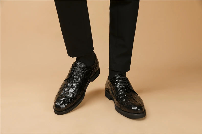 Phenkang Men Genuine Leather Crocodile Shoes Formal Dress Classic Style Burgundy Mens Wedding Lace Up Pointed Toe Oxford Shoes