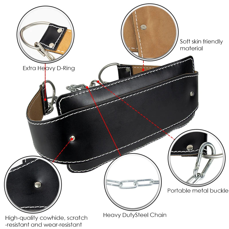 Cowhide Fitness Dip Belt With Chain Dipping Pull Up Leather Weight Lifting Belt Lumbar Back Support Training