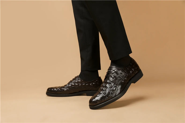 Phenkang Men Genuine Leather Crocodile Shoes Formal Dress Classic Style Burgundy Mens Wedding Lace Up Pointed Toe Oxford Shoes