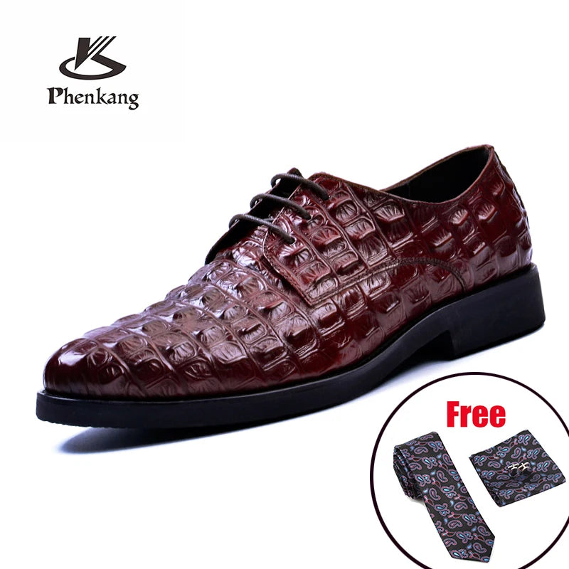 Phenkang Men Genuine Leather Crocodile Shoes Formal Dress Classic Style Burgundy Mens Wedding Lace Up Pointed Toe Oxford Shoes
