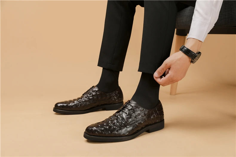 Phenkang Men Genuine Leather Crocodile Shoes Formal Dress Classic Style Burgundy Mens Wedding Lace Up Pointed Toe Oxford Shoes