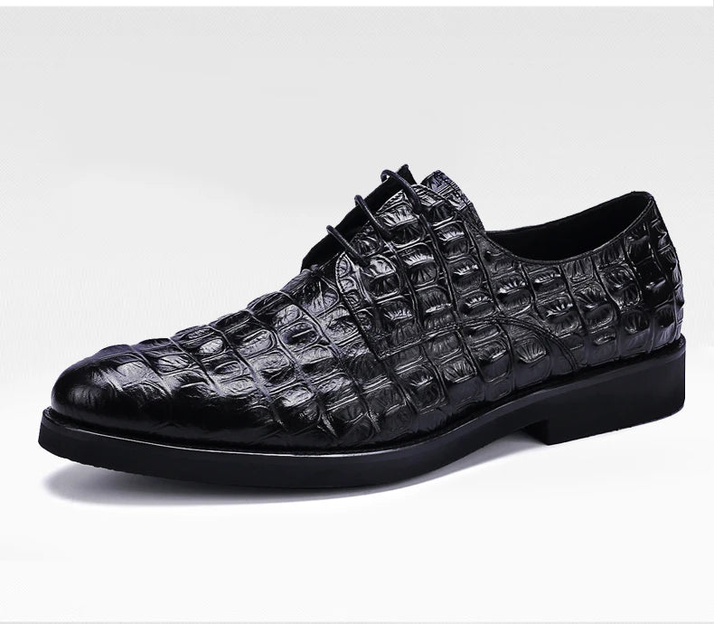 Phenkang Men Genuine Leather Crocodile Shoes Formal Dress Classic Style Burgundy Mens Wedding Lace Up Pointed Toe Oxford Shoes