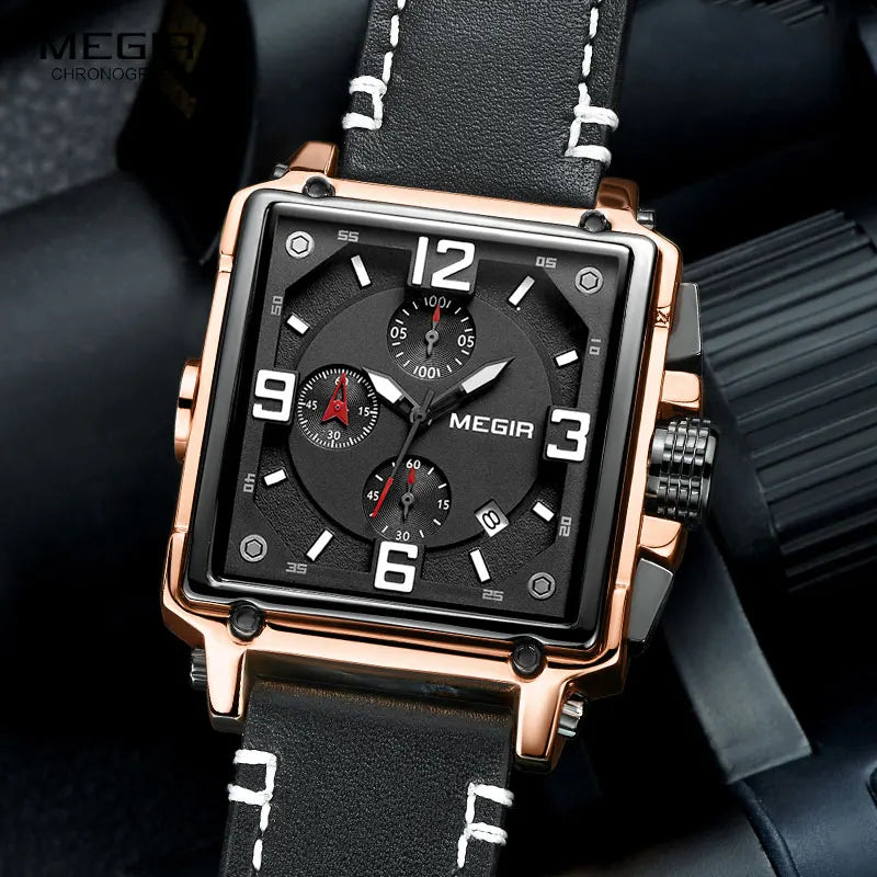 Megir Leather Strap Army Chronograph Quartz Wrist Watches Men Square Sports Stop Watch Man Clock Relogios Masculino 2061 Rose
