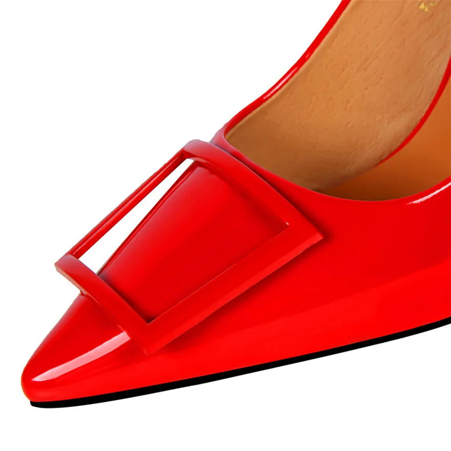 Square Buckle Fashion Ladies OL Office Shoes Spring Women Concise Patent Leather Shallow High Heels Shoes Pointy Toe Women Pumps