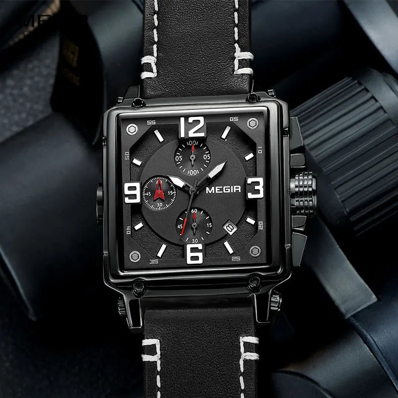 MEGIR Men's Sports Chronograph Wrist Watch for Men Army Leather Square Quartz Stop Watch Clock Man Relogios Masculino 2061Black