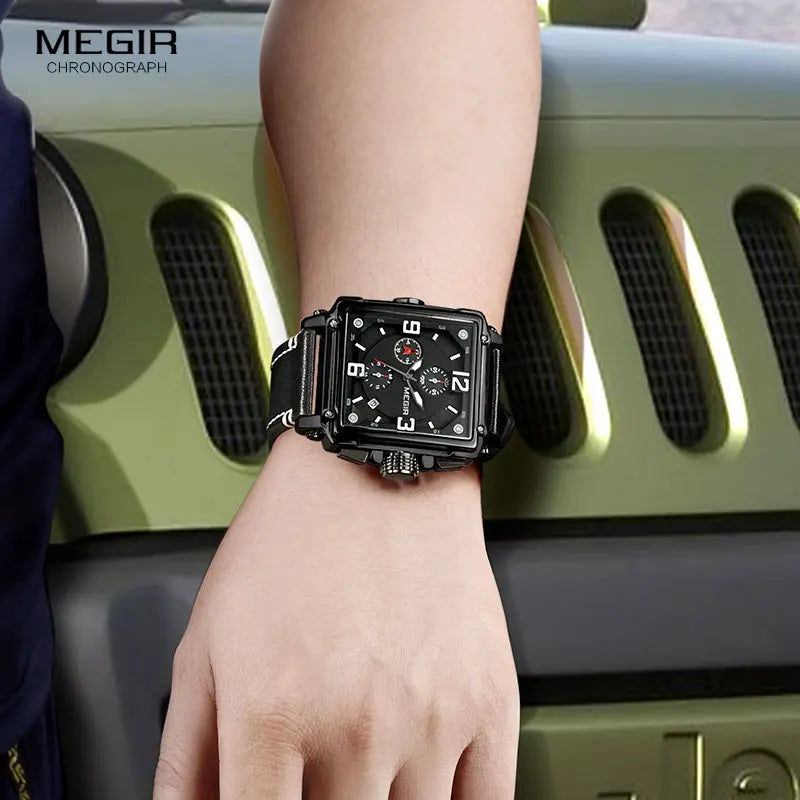 MEGIR Men's Sports Chronograph Wrist Watch for Men Army Leather Square Quartz Stop Watch Clock Man Relogios Masculino 2061Black