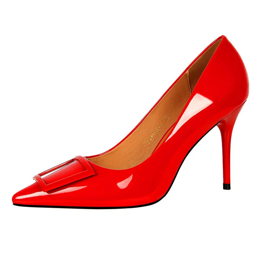 Square Buckle Fashion Ladies OL Office Shoes Spring Women Concise Patent Leather Shallow High Heels Shoes Pointy Toe Women Pumps