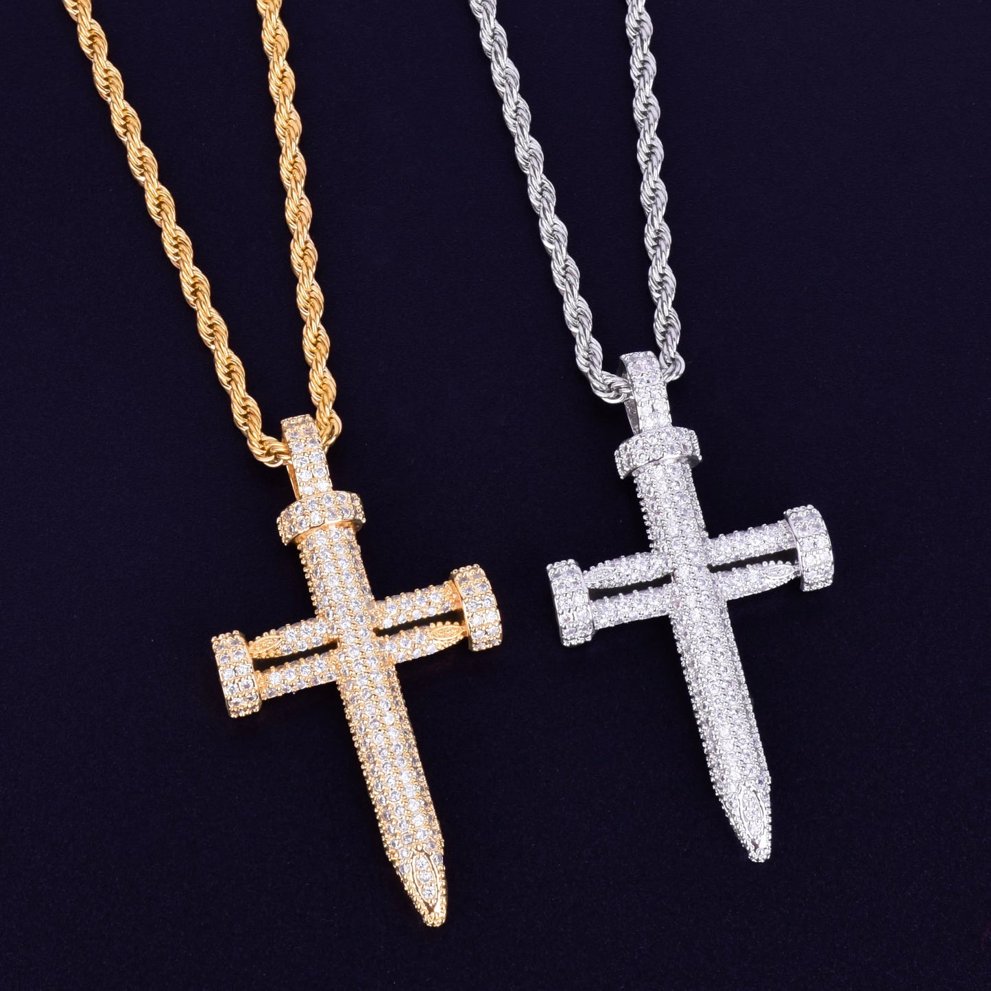 Nail Cross Pendant Necklace AAA Cubic Zircon Men's Hip Hop Street Rock Jewelry