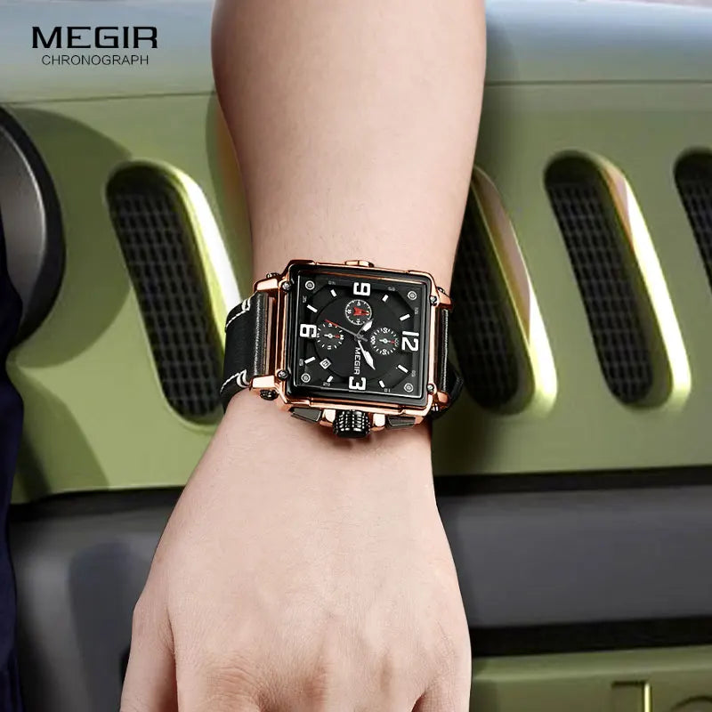 Megir Leather Strap Army Chronograph Quartz Wrist Watches Men Square Sports Stop Watch Man Clock Relogios Masculino 2061 Rose