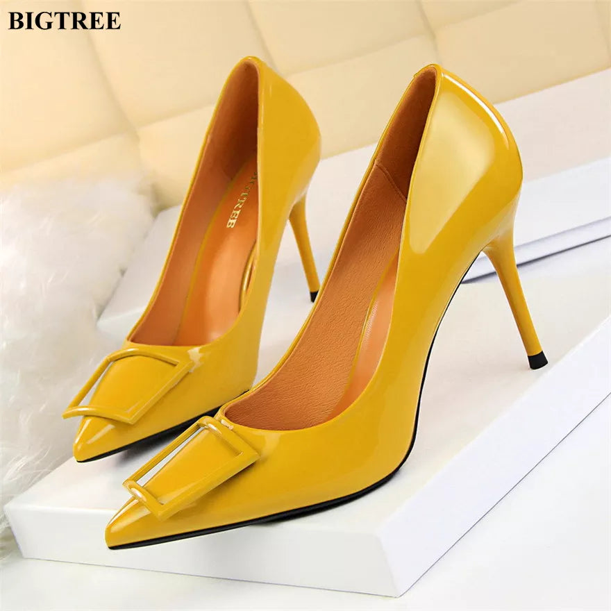 Square Buckle Fashion Ladies OL Office Shoes Spring Women Concise Patent Leather Shallow High Heels Shoes Pointy Toe Women Pumps