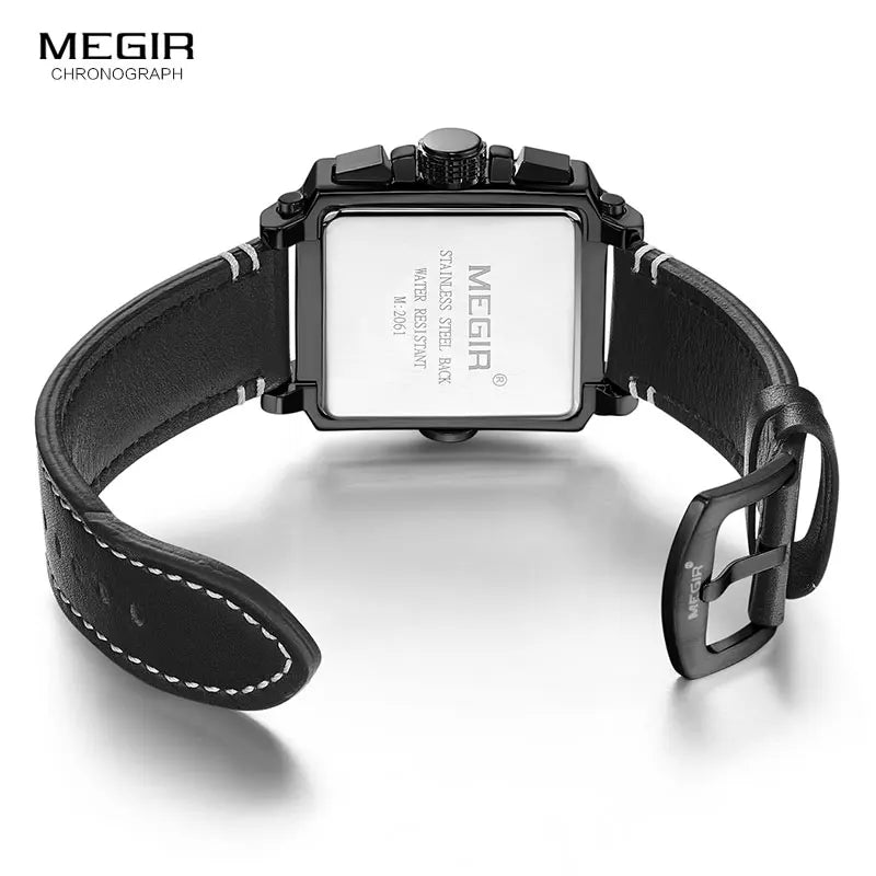 MEGIR Men's Sports Chronograph Wrist Watch for Men Army Leather Square Quartz Stop Watch Clock Man Relogios Masculino 2061Black