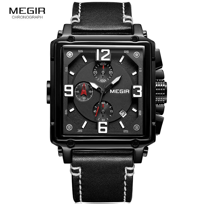 MEGIR Men's Sports Chronograph Wrist Watch for Men Army Leather Square Quartz Stop Watch Clock Man Relogios Masculino 2061Black