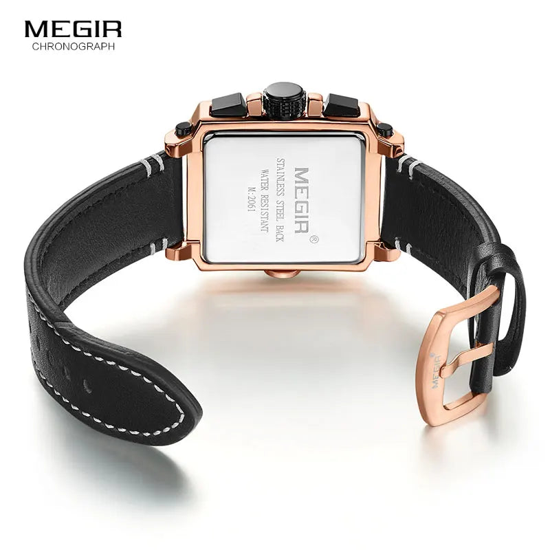 Megir Leather Strap Army Chronograph Quartz Wrist Watches Men Square Sports Stop Watch Man Clock Relogios Masculino 2061 Rose
