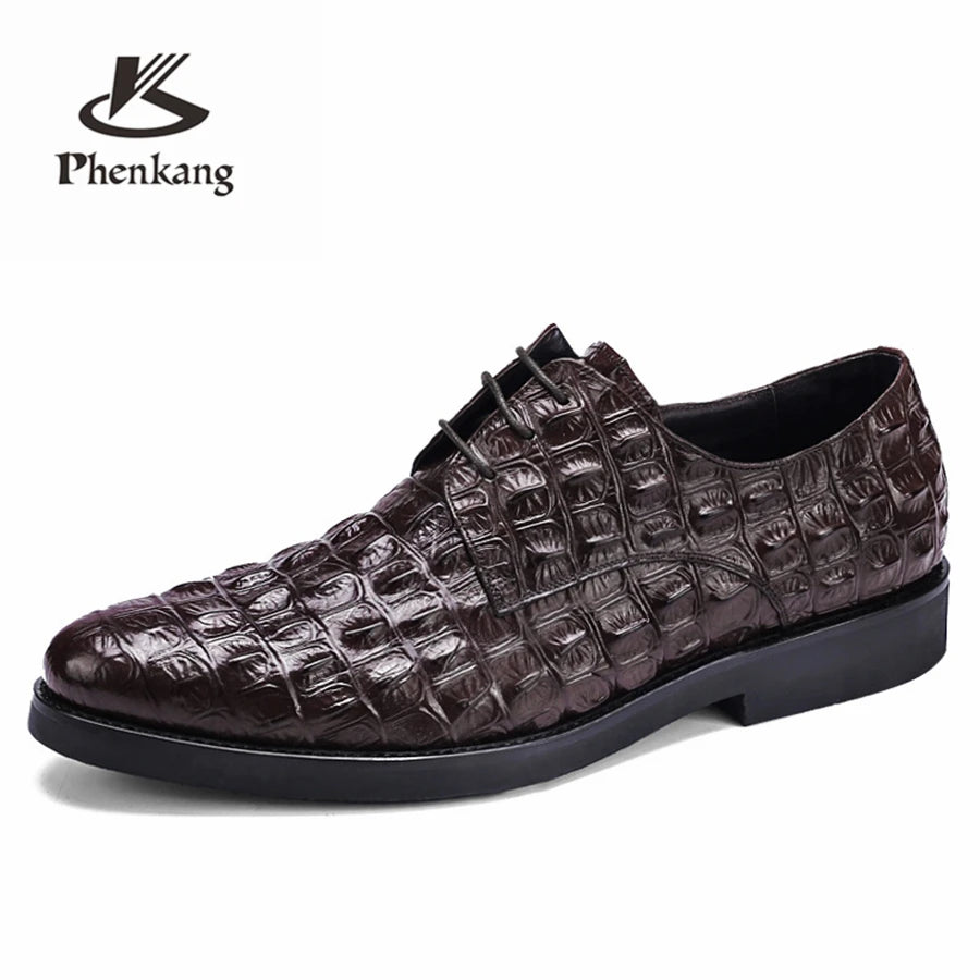 Phenkang Men Genuine Leather Crocodile Shoes Formal Dress Classic Style Burgundy Mens Wedding Lace Up Pointed Toe Oxford Shoes