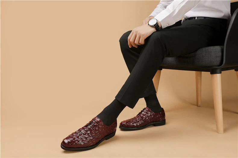 Phenkang Men Genuine Leather Crocodile Shoes Formal Dress Classic Style Burgundy Mens Wedding Lace Up Pointed Toe Oxford Shoes