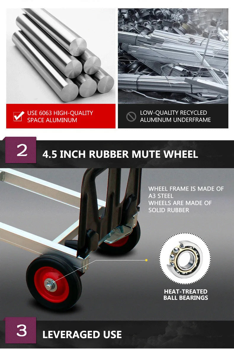 100KG Car Roll Luggage Cart Portable Luggage Trolley Folding Hand Truck Mute Flat Heavy Duty 4-wheel Foldable Shopping Cart