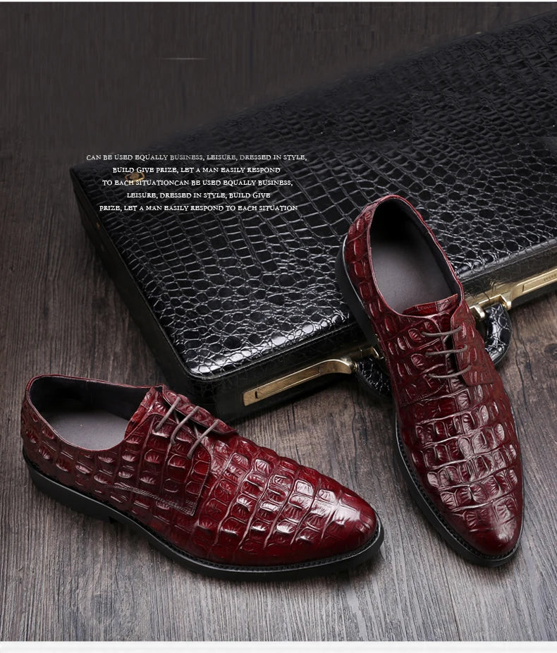 Phenkang Men Genuine Leather Crocodile Shoes Formal Dress Classic Style Burgundy Mens Wedding Lace Up Pointed Toe Oxford Shoes