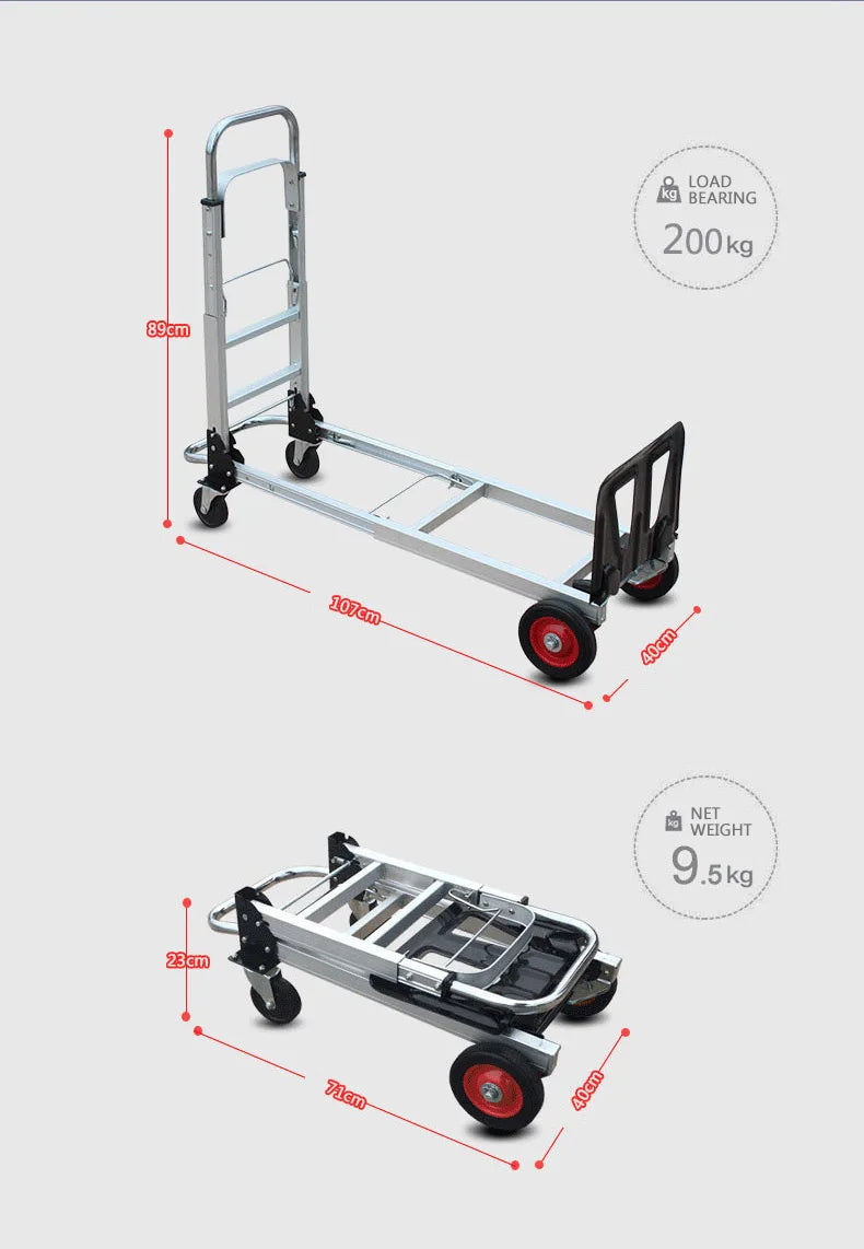 100KG Car Roll Luggage Cart Portable Luggage Trolley Folding Hand Truck Mute Flat Heavy Duty 4-wheel Foldable Shopping Cart
