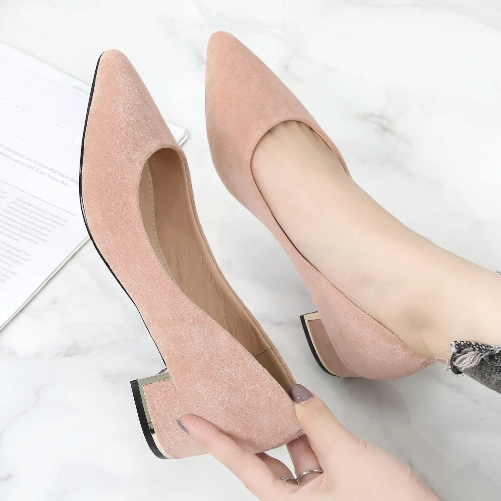 New Women's Elegant Casual Office Red Black Shoes Ladies Thick Heel Woman Slip-on Pointed Toe Fashion Dress Party Pumps F0001