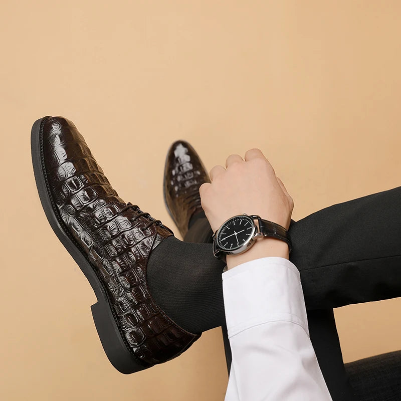 Phenkang Men Genuine Leather Crocodile Shoes Formal Dress Classic Style Burgundy Mens Wedding Lace Up Pointed Toe Oxford Shoes