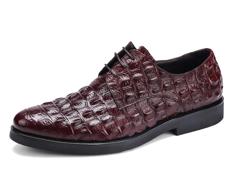 Phenkang Men Genuine Leather Crocodile Shoes Formal Dress Classic Style Burgundy Mens Wedding Lace Up Pointed Toe Oxford Shoes