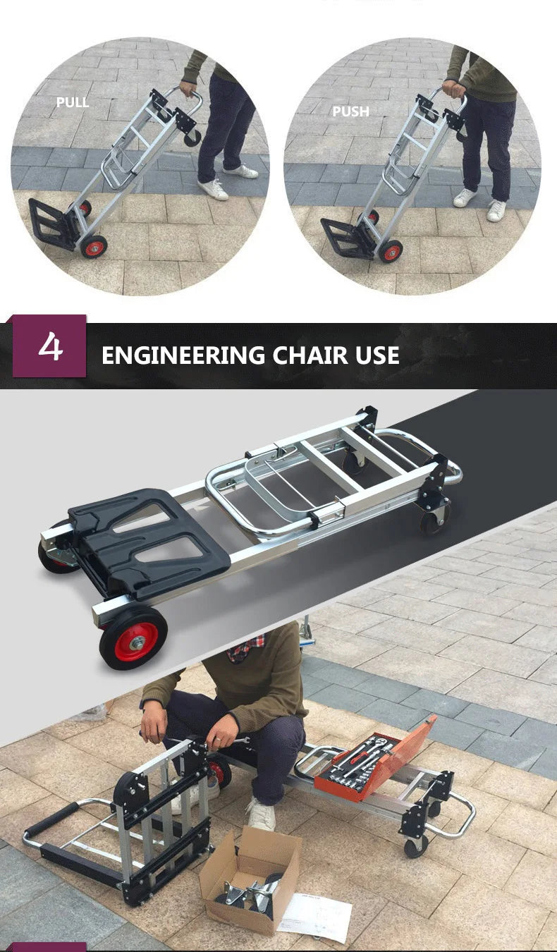 100KG Car Roll Luggage Cart Portable Luggage Trolley Folding Hand Truck Mute Flat Heavy Duty 4-wheel Foldable Shopping Cart