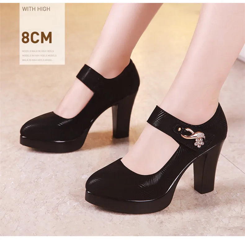 6cm 8cm 10cm Block Heel Platform Pumps Women Shoes 2024 Spring Floral Black High Heels Shoes Ladies Elegant Office Shoe 41 42 43
