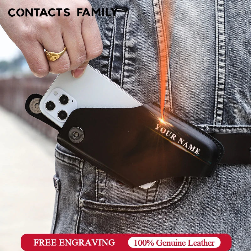 CONTACT'S FAMILY Cow Leather Phone Pouch Case For iPhone 14 13 12 11 Pro Max X 8 7 XR XS Cover Waist Belt Clip Holster Bags