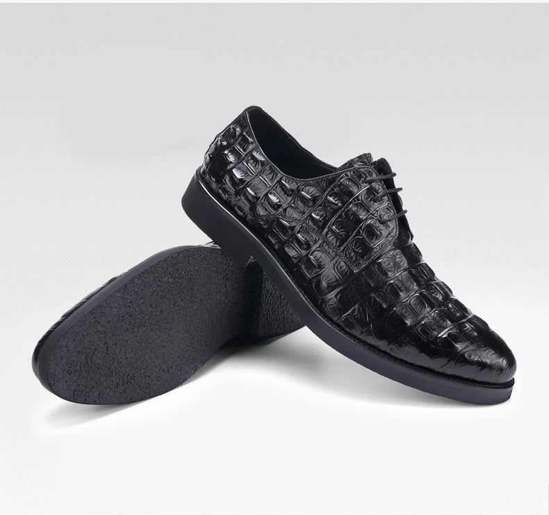 Phenkang Men Genuine Leather Crocodile Shoes Formal Dress Classic Style Burgundy Mens Wedding Lace Up Pointed Toe Oxford Shoes